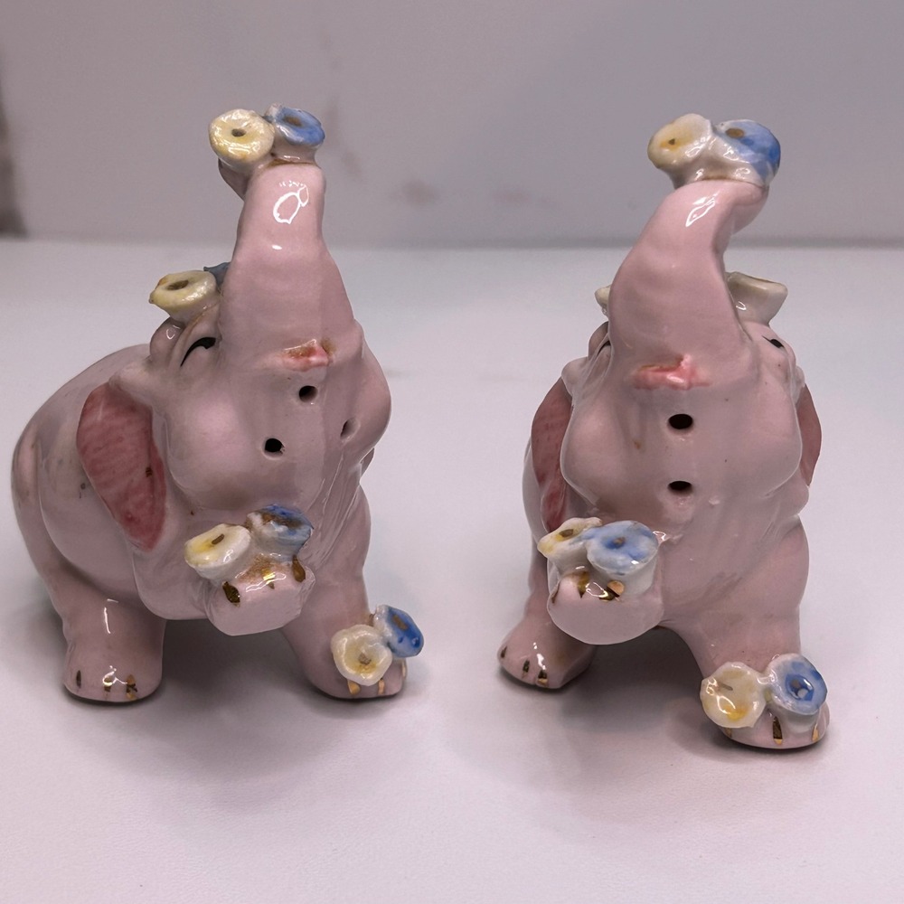 Vintage Pink Elephant Salt and Pepper Shakers Japan Ceramic Floral Gold Trim